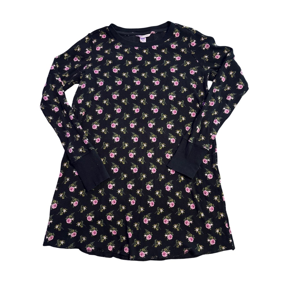 Victoria's Secret Floral Thermal Sleep Shirt Nightgown Black Pink Roses XS